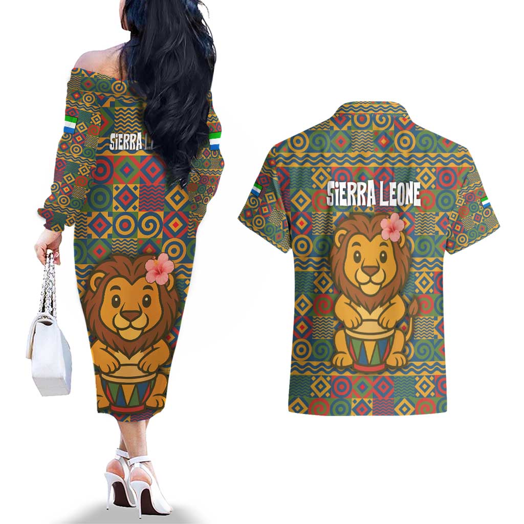 Sierra Leone Couples Matching Off The Shoulder Long Sleeve Dress and Hawaiian Shirt with Cute Lion Playing Djembe Drum and Tribal Pattern Design