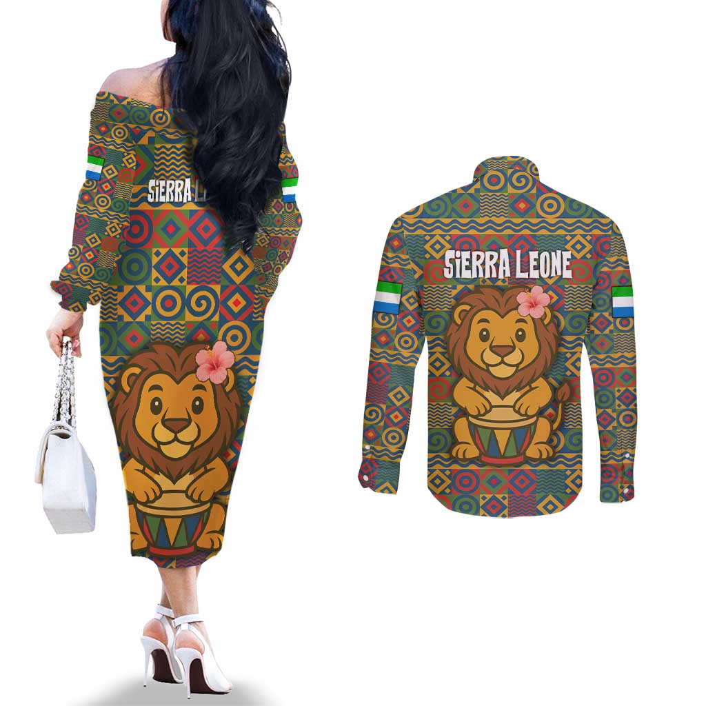 Sierra Leone Couples Matching Off The Shoulder Long Sleeve Dress and Long Sleeve Button Shirt with Cute Lion Playing Djembe Drum and Tribal Pattern Design