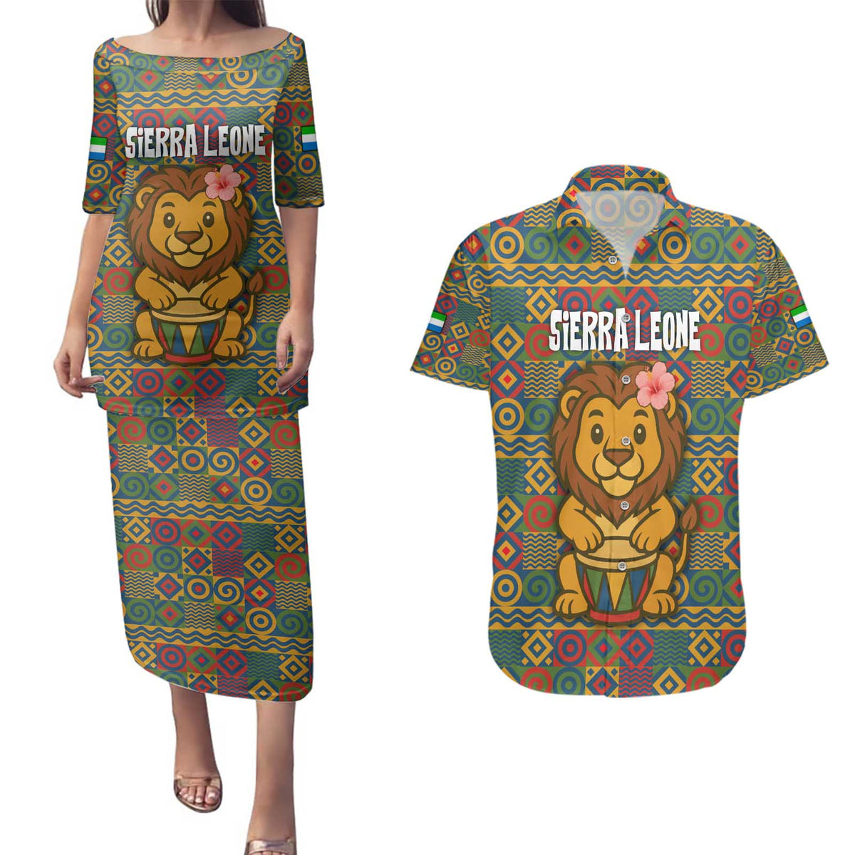 Sierra Leone Couples Matching Puletasi and Hawaiian Shirt with Cute Lion Playing Djembe Drum and Tribal Pattern Design