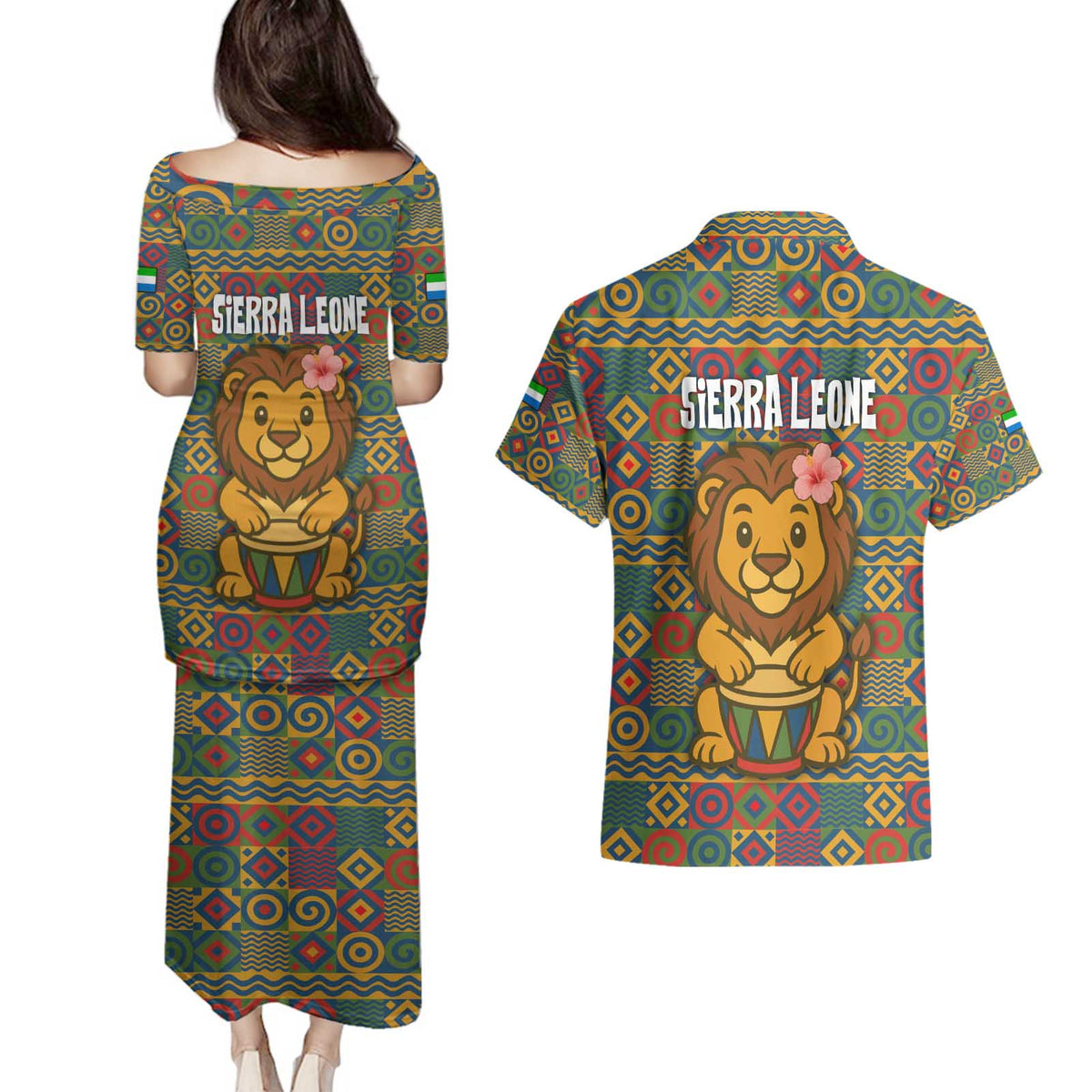 Sierra Leone Couples Matching Puletasi and Hawaiian Shirt with Cute Lion Playing Djembe Drum and Tribal Pattern Design
