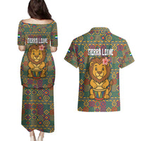 Sierra Leone Couples Matching Puletasi and Hawaiian Shirt with Cute Lion Playing Djembe Drum and Tribal Pattern Design