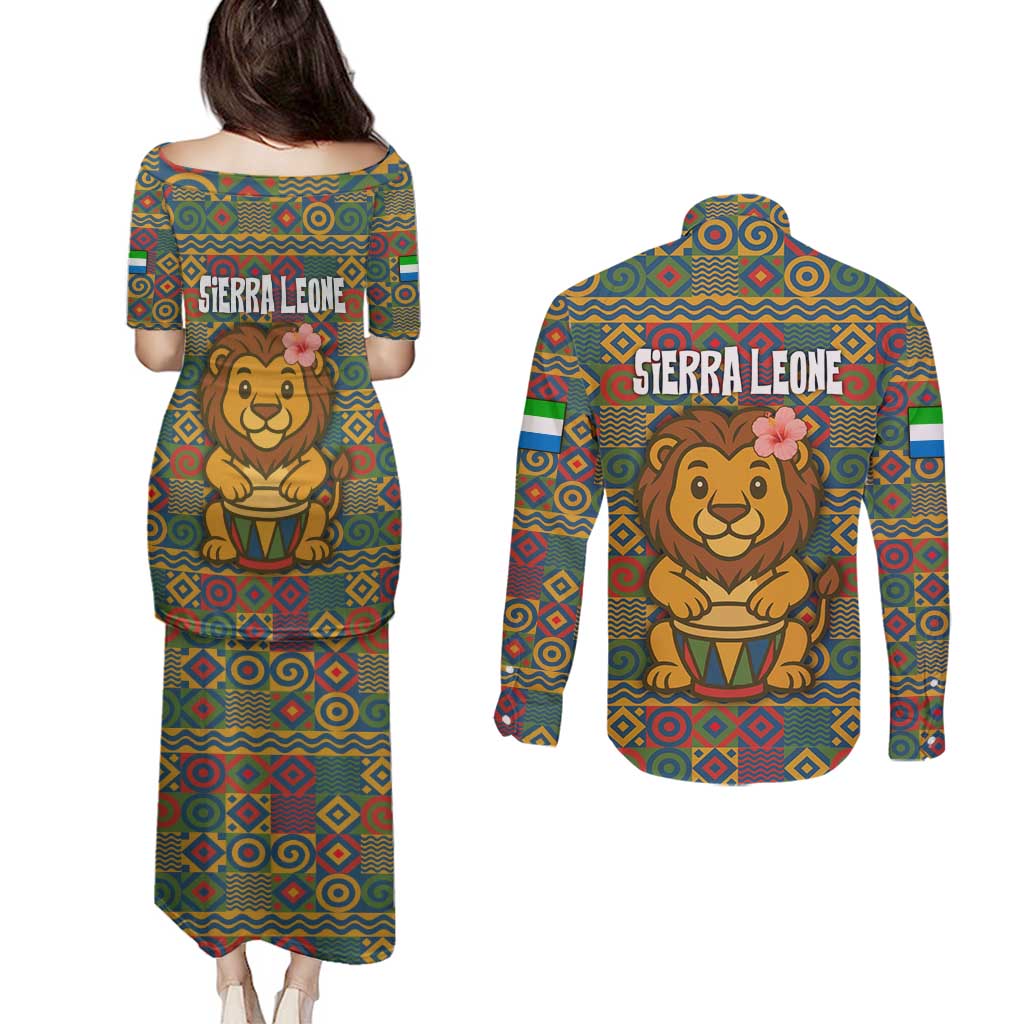 Sierra Leone Couples Matching Puletasi and Long Sleeve Button Shirt with Cute Lion Playing Djembe Drum and Tribal Pattern Design