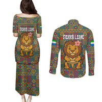 Sierra Leone Couples Matching Puletasi and Long Sleeve Button Shirt with Cute Lion Playing Djembe Drum and Tribal Pattern Design