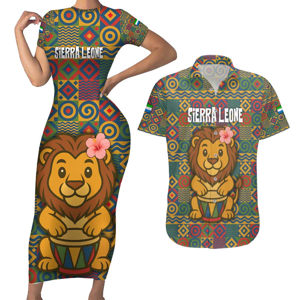 Sierra Leone Couples Matching Short Sleeve Bodycon Dress and Hawaiian Shirt with Cute Lion Playing Djembe Drum and Tribal Pattern Design