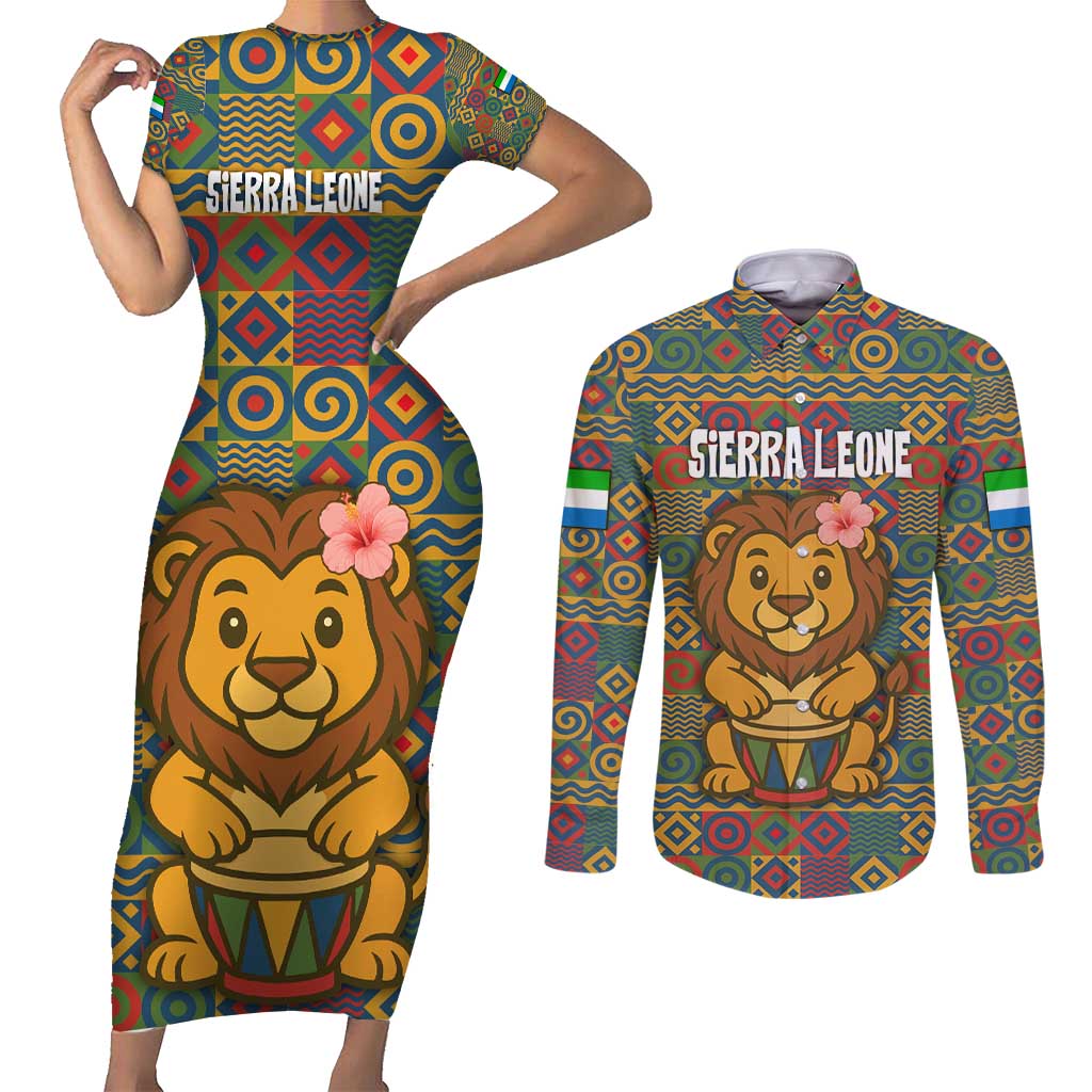 Sierra Leone Couples Matching Short Sleeve Bodycon Dress and Long Sleeve Button Shirt with Cute Lion Playing Djembe Drum and Tribal Pattern Design