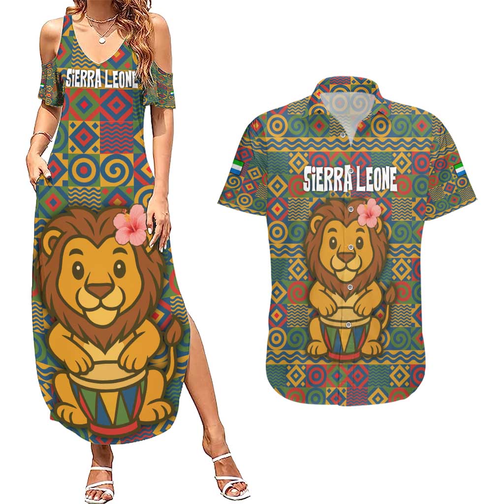 Sierra Leone Couples Matching Summer Maxi Dress and Hawaiian Shirt with Cute Lion Playing Djembe Drum and Tribal Pattern Design
