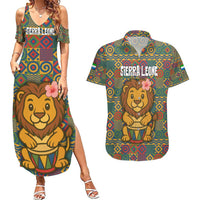 Sierra Leone Couples Matching Summer Maxi Dress and Hawaiian Shirt with Cute Lion Playing Djembe Drum and Tribal Pattern Design