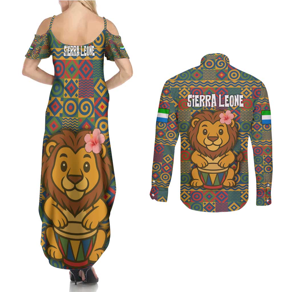 Sierra Leone Couples Matching Summer Maxi Dress and Long Sleeve Button Shirt with Cute Lion Playing Djembe Drum and Tribal Pattern Design