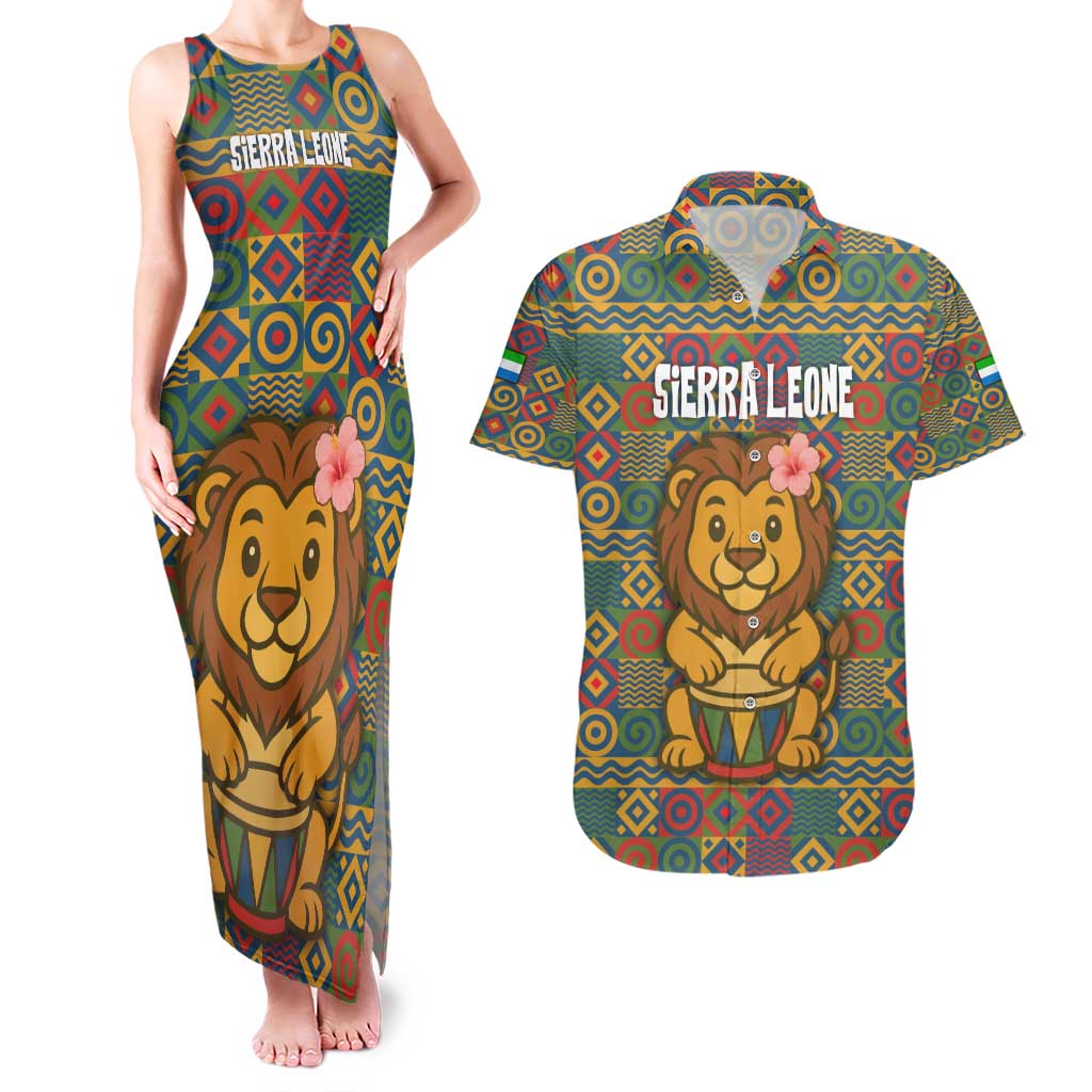 Sierra Leone Couples Matching Tank Maxi Dress and Hawaiian Shirt with Cute Lion Playing Djembe Drum and Tribal Pattern Design