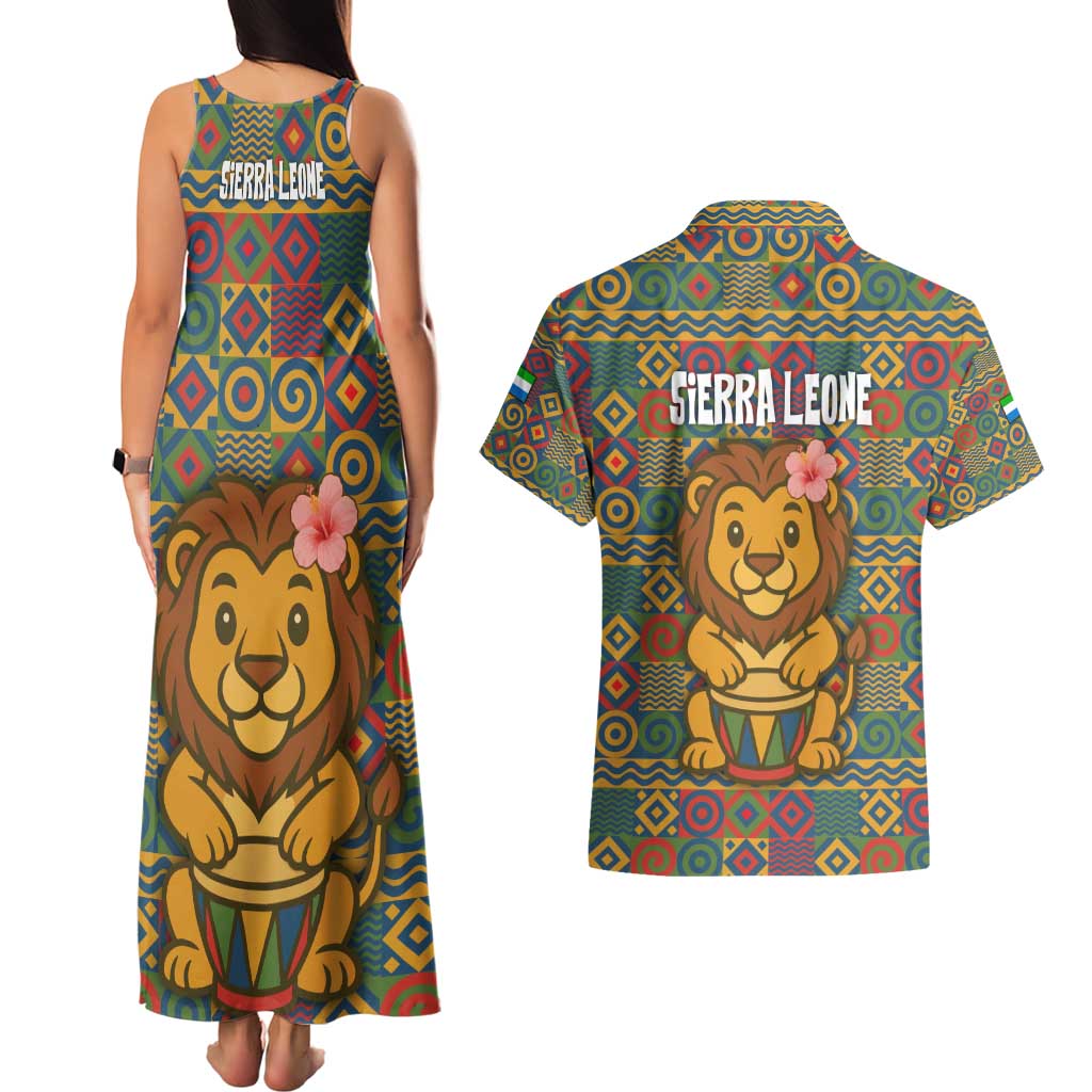 Sierra Leone Couples Matching Tank Maxi Dress and Hawaiian Shirt with Cute Lion Playing Djembe Drum and Tribal Pattern Design