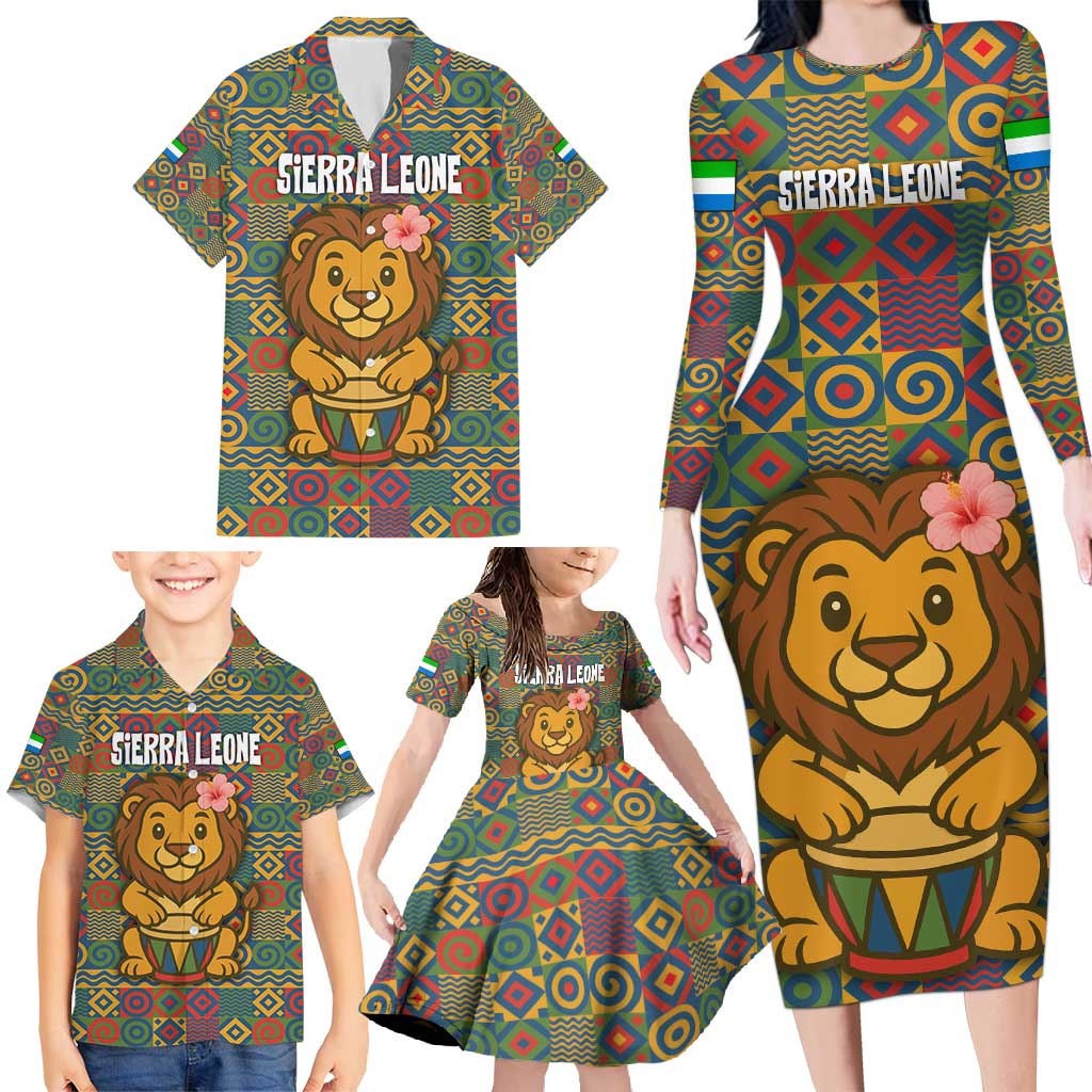 Sierra Leone Family Matching Long Sleeve Bodycon Dress and Hawaiian Shirt with Cute Lion Playing Djembe Drum and Tribal Pattern Design