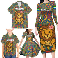 Sierra Leone Family Matching Long Sleeve Bodycon Dress and Hawaiian Shirt with Cute Lion Playing Djembe Drum and Tribal Pattern Design
