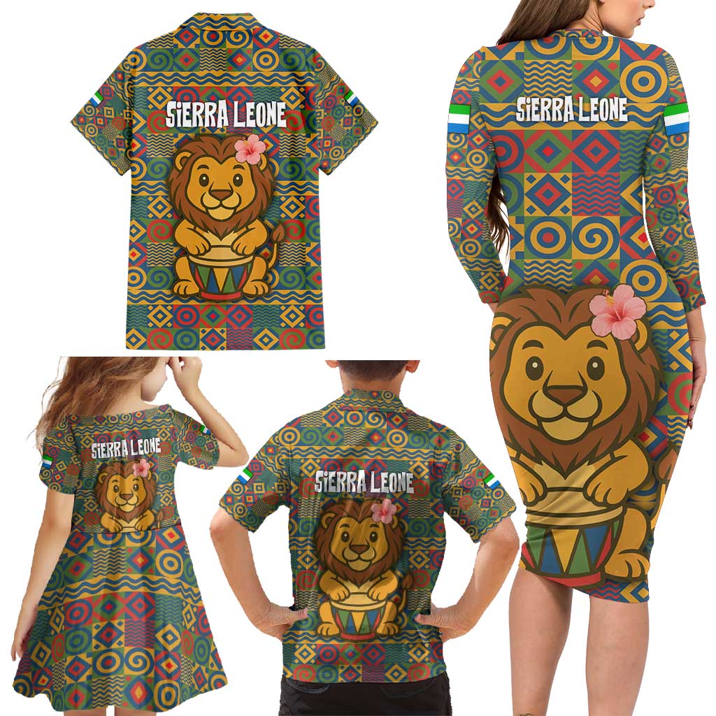 Sierra Leone Family Matching Long Sleeve Bodycon Dress and Hawaiian Shirt with Cute Lion Playing Djembe Drum and Tribal Pattern Design