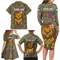 Sierra Leone Family Matching Long Sleeve Bodycon Dress and Hawaiian Shirt with Cute Lion Playing Djembe Drum and Tribal Pattern Design