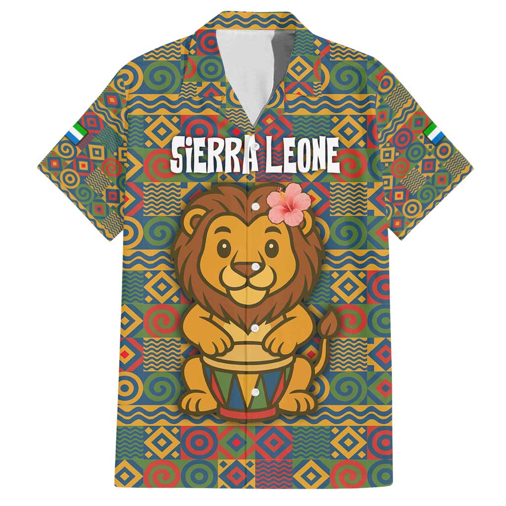 Sierra Leone Family Matching Long Sleeve Bodycon Dress and Hawaiian Shirt with Cute Lion Playing Djembe Drum and Tribal Pattern Design