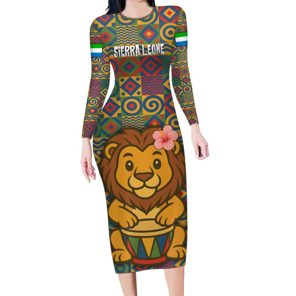 Sierra Leone Family Matching Long Sleeve Bodycon Dress and Hawaiian Shirt with Cute Lion Playing Djembe Drum and Tribal Pattern Design