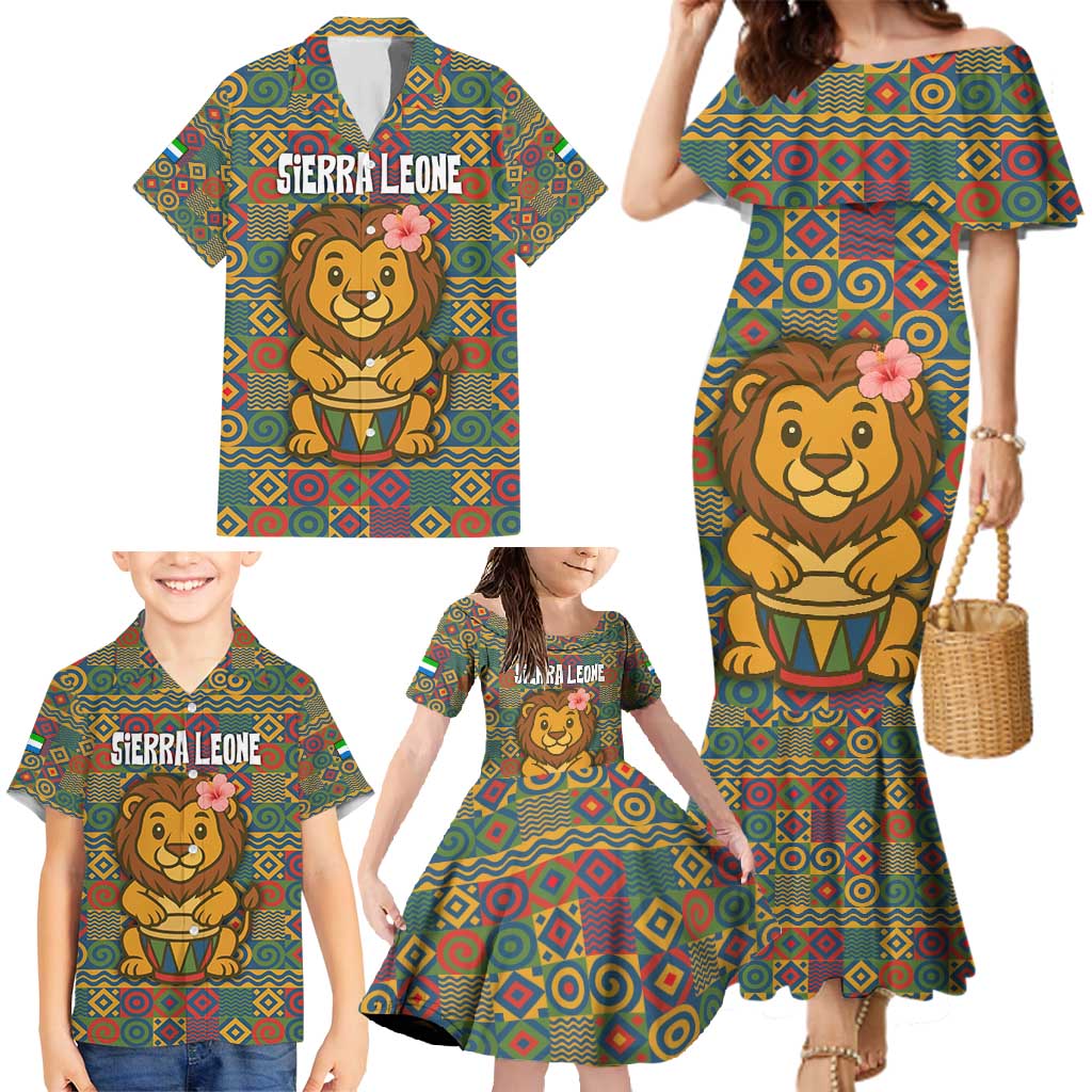 Sierra Leone Family Matching Mermaid Dress and Hawaiian Shirt with Cute Lion Playing Djembe Drum and Tribal Pattern Design