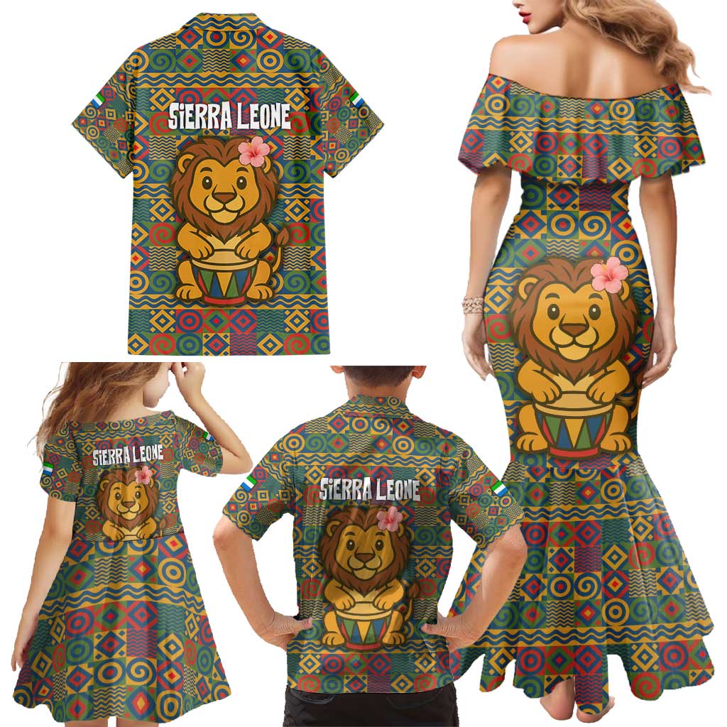 Sierra Leone Family Matching Mermaid Dress and Hawaiian Shirt with Cute Lion Playing Djembe Drum and Tribal Pattern Design