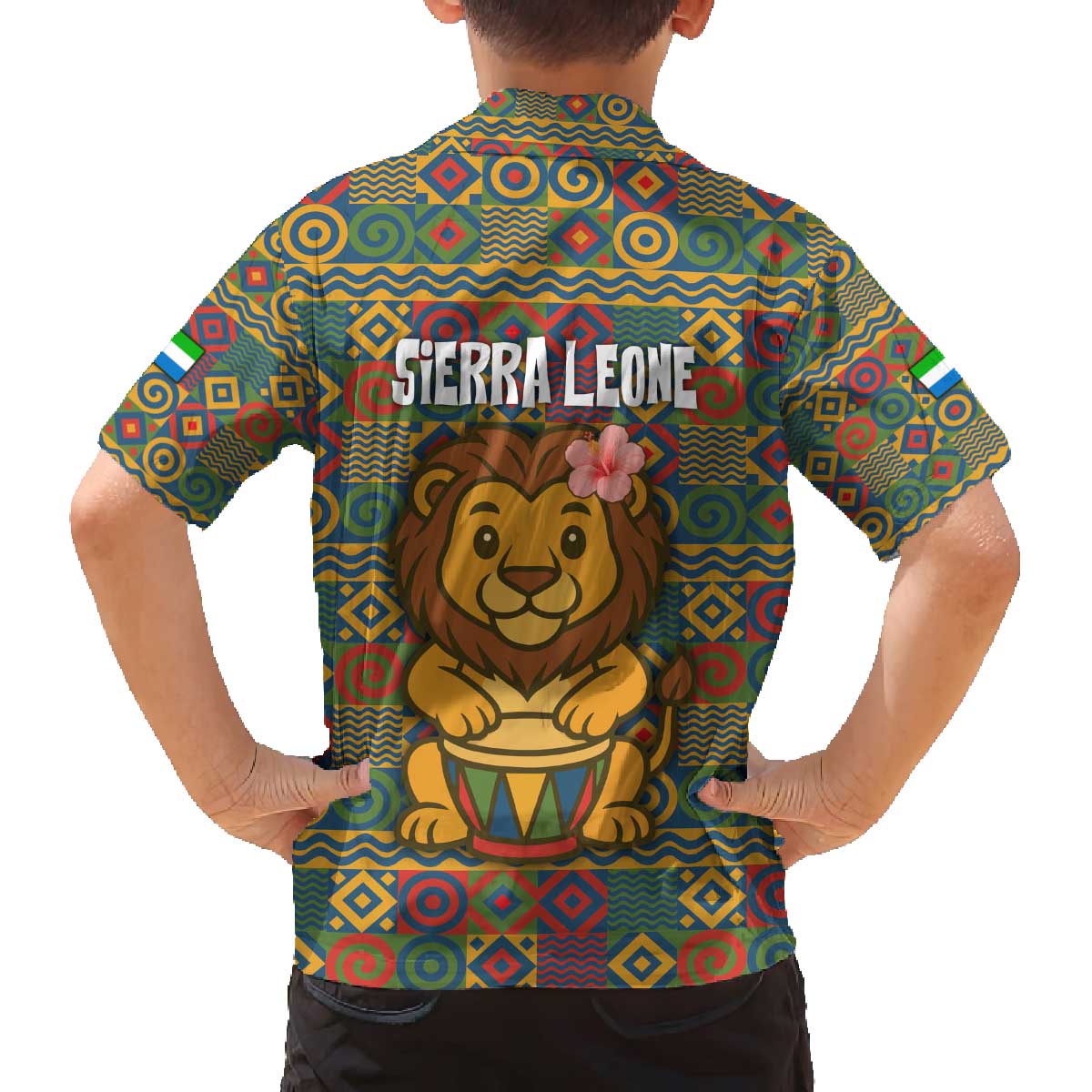 Sierra Leone Family Matching Off The Shoulder Long Sleeve Dress and Hawaiian Shirt with Cute Lion Playing Djembe Drum and Tribal Pattern Design