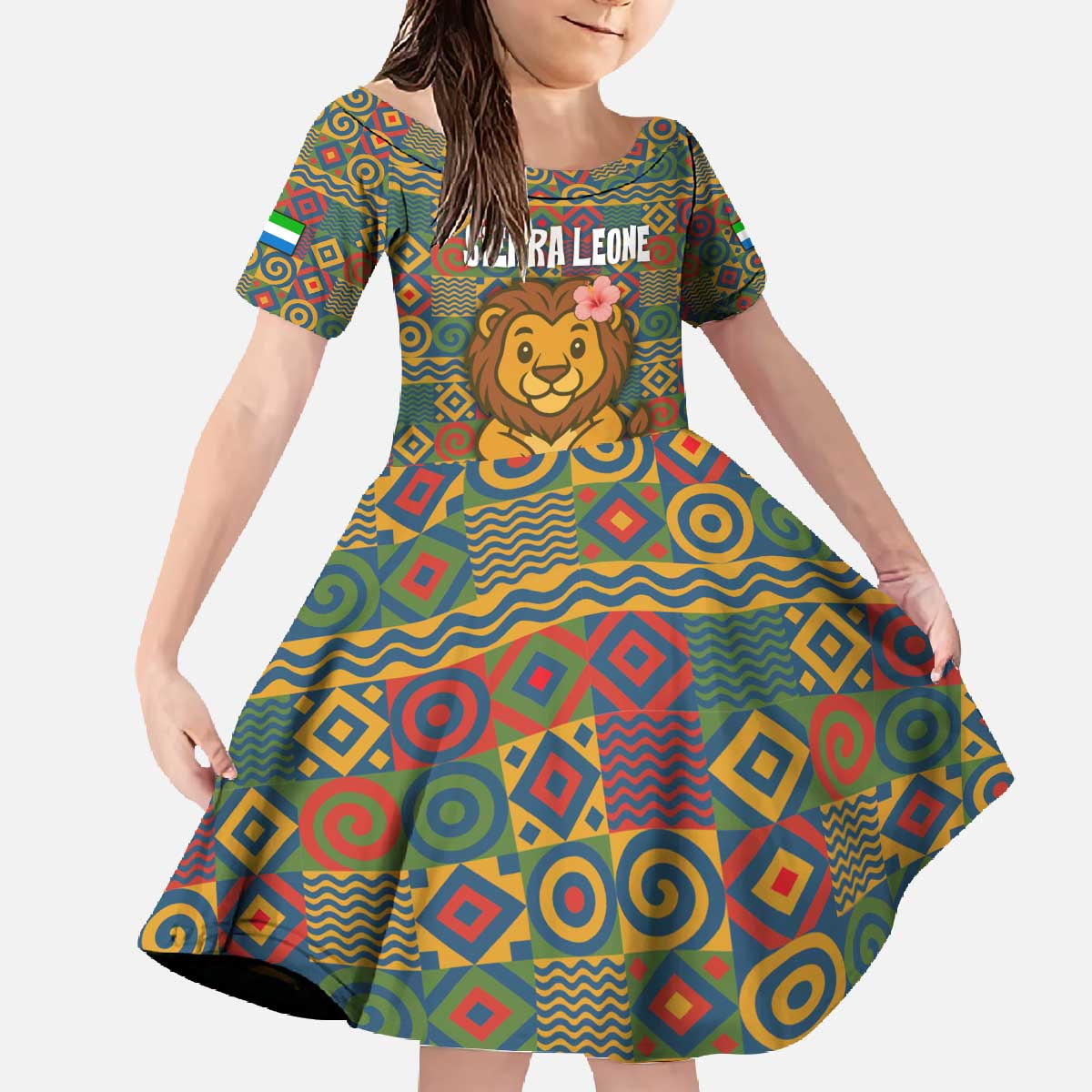 Sierra Leone Family Matching Off The Shoulder Long Sleeve Dress and Hawaiian Shirt with Cute Lion Playing Djembe Drum and Tribal Pattern Design