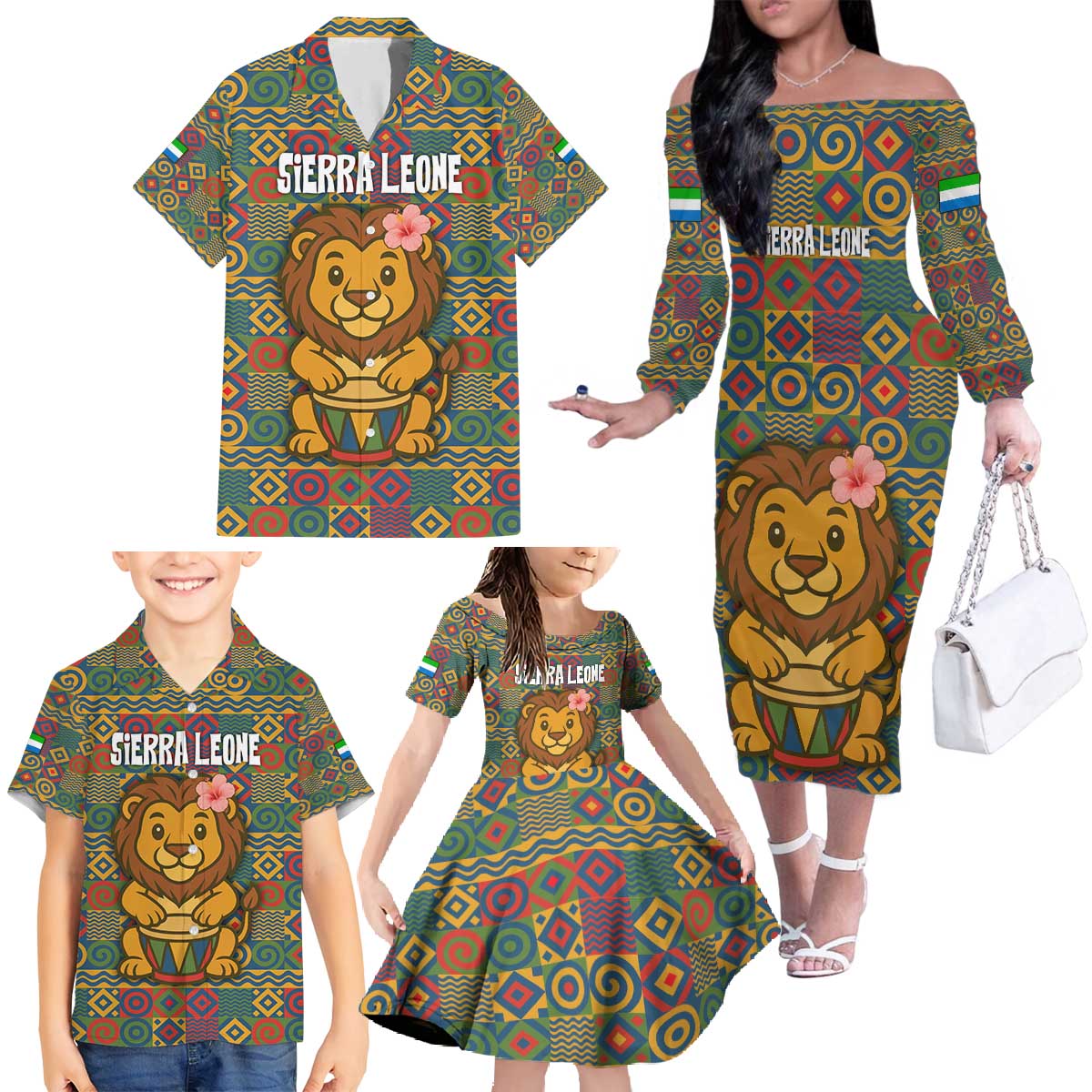 Sierra Leone Family Matching Off The Shoulder Long Sleeve Dress and Hawaiian Shirt with Cute Lion Playing Djembe Drum and Tribal Pattern Design