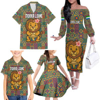 Sierra Leone Family Matching Off The Shoulder Long Sleeve Dress and Hawaiian Shirt with Cute Lion Playing Djembe Drum and Tribal Pattern Design