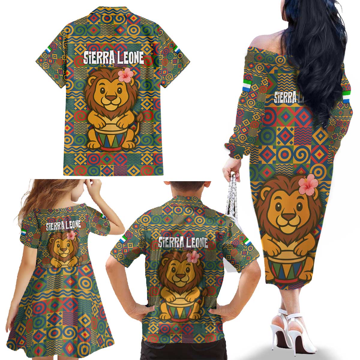 Sierra Leone Family Matching Off The Shoulder Long Sleeve Dress and Hawaiian Shirt with Cute Lion Playing Djembe Drum and Tribal Pattern Design