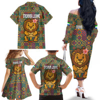 Sierra Leone Family Matching Off The Shoulder Long Sleeve Dress and Hawaiian Shirt with Cute Lion Playing Djembe Drum and Tribal Pattern Design
