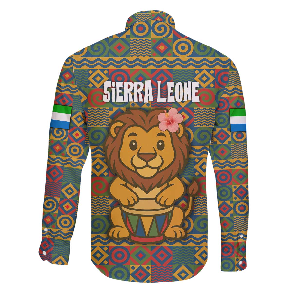 Sierra Leone Family Matching Off The Shoulder Long Sleeve Dress and Hawaiian Shirt with Cute Lion Playing Djembe Drum and Tribal Pattern Design