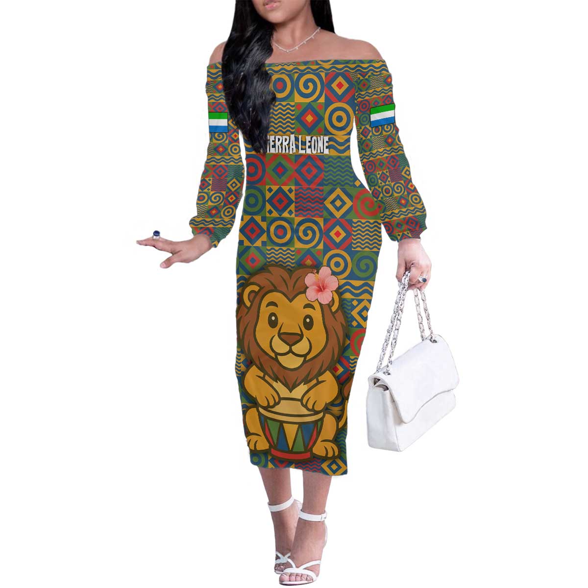 Sierra Leone Family Matching Off The Shoulder Long Sleeve Dress and Hawaiian Shirt with Cute Lion Playing Djembe Drum and Tribal Pattern Design