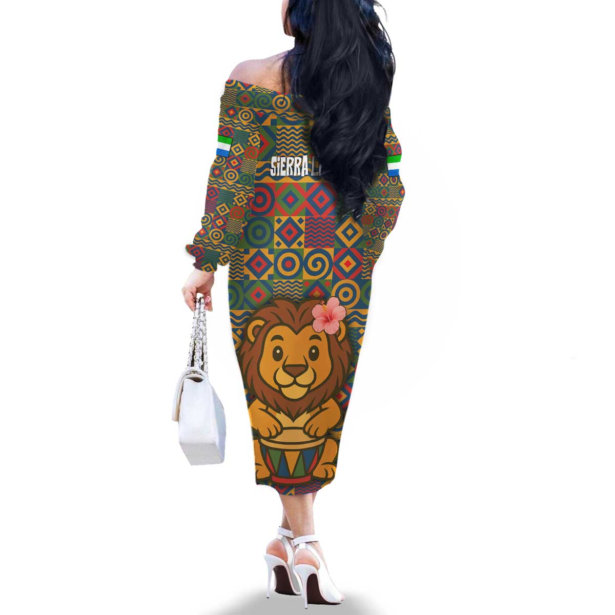 Sierra Leone Family Matching Off The Shoulder Long Sleeve Dress and Hawaiian Shirt with Cute Lion Playing Djembe Drum and Tribal Pattern Design