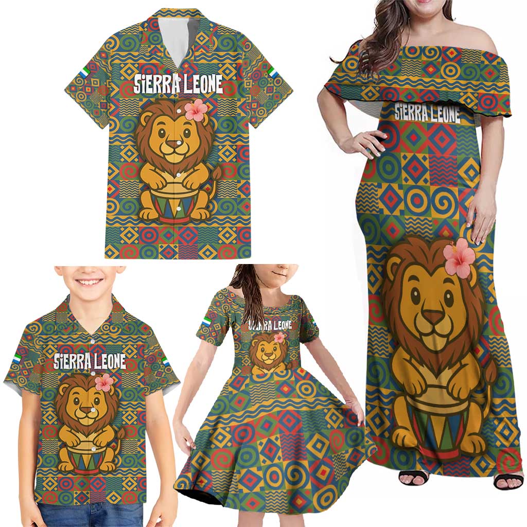 Sierra Leone Family Matching Off Shoulder Maxi Dress and Hawaiian Shirt with Cute Lion Playing Djembe Drum and Tribal Pattern Design