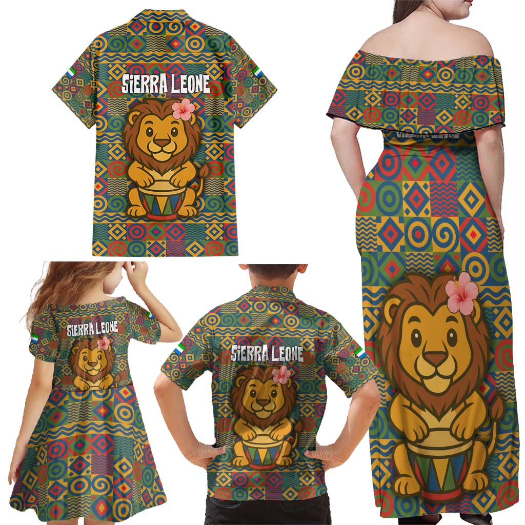 Sierra Leone Family Matching Off Shoulder Maxi Dress and Hawaiian Shirt with Cute Lion Playing Djembe Drum and Tribal Pattern Design
