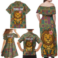 Sierra Leone Family Matching Off Shoulder Maxi Dress and Hawaiian Shirt with Cute Lion Playing Djembe Drum and Tribal Pattern Design