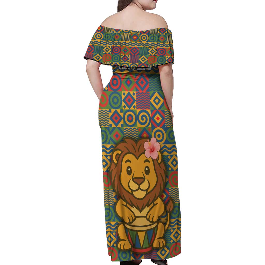 Sierra Leone Family Matching Off Shoulder Maxi Dress and Hawaiian Shirt with Cute Lion Playing Djembe Drum and Tribal Pattern Design