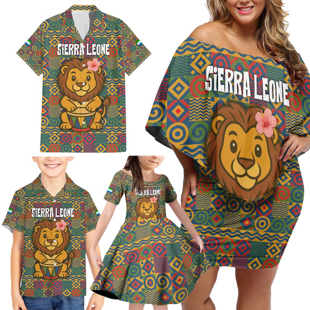 Sierra Leone Family Matching Off Shoulder Short Dress and Hawaiian Shirt with Cute Lion Playing Djembe Drum and Tribal Pattern Design