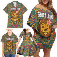 Sierra Leone Family Matching Off Shoulder Short Dress and Hawaiian Shirt with Cute Lion Playing Djembe Drum and Tribal Pattern Design