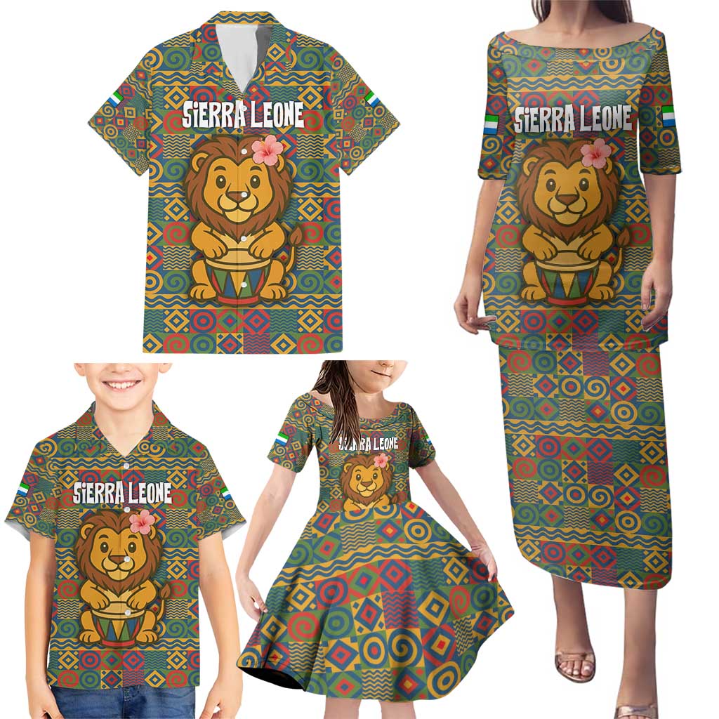 Sierra Leone Family Matching Puletasi and Hawaiian Shirt with Cute Lion Playing Djembe Drum and Tribal Pattern Design