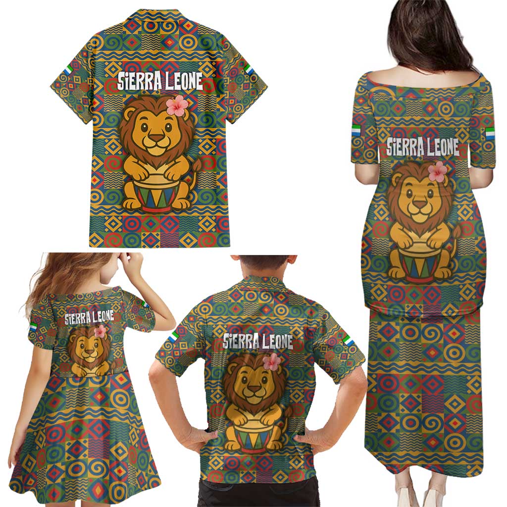 Sierra Leone Family Matching Puletasi and Hawaiian Shirt with Cute Lion Playing Djembe Drum and Tribal Pattern Design