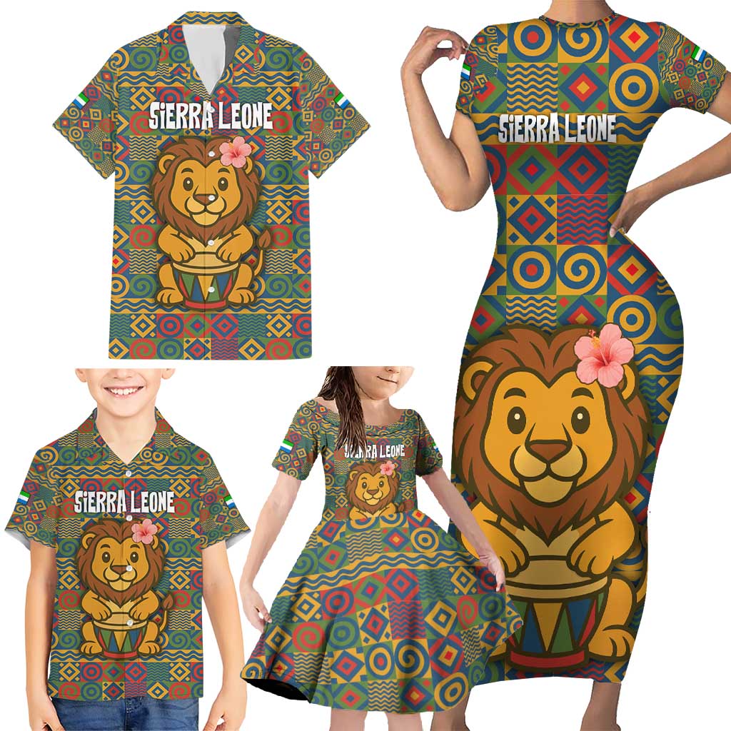 Sierra Leone Family Matching Short Sleeve Bodycon Dress and Hawaiian Shirt with Cute Lion Playing Djembe Drum and Tribal Pattern Design
