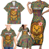 Sierra Leone Family Matching Short Sleeve Bodycon Dress and Hawaiian Shirt with Cute Lion Playing Djembe Drum and Tribal Pattern Design