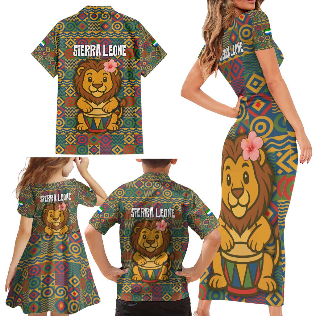 Sierra Leone Family Matching Short Sleeve Bodycon Dress and Hawaiian Shirt with Cute Lion Playing Djembe Drum and Tribal Pattern Design