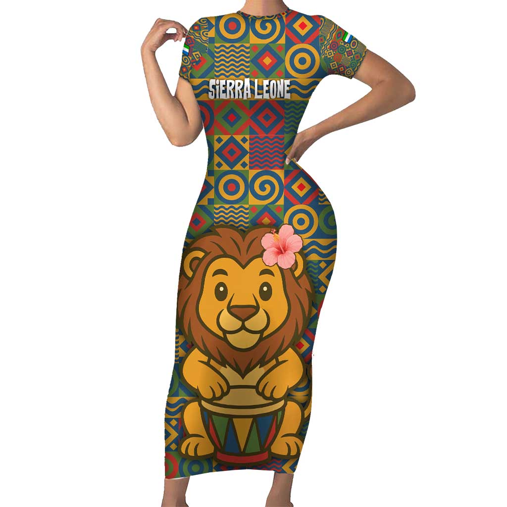 Sierra Leone Family Matching Short Sleeve Bodycon Dress and Hawaiian Shirt with Cute Lion Playing Djembe Drum and Tribal Pattern Design