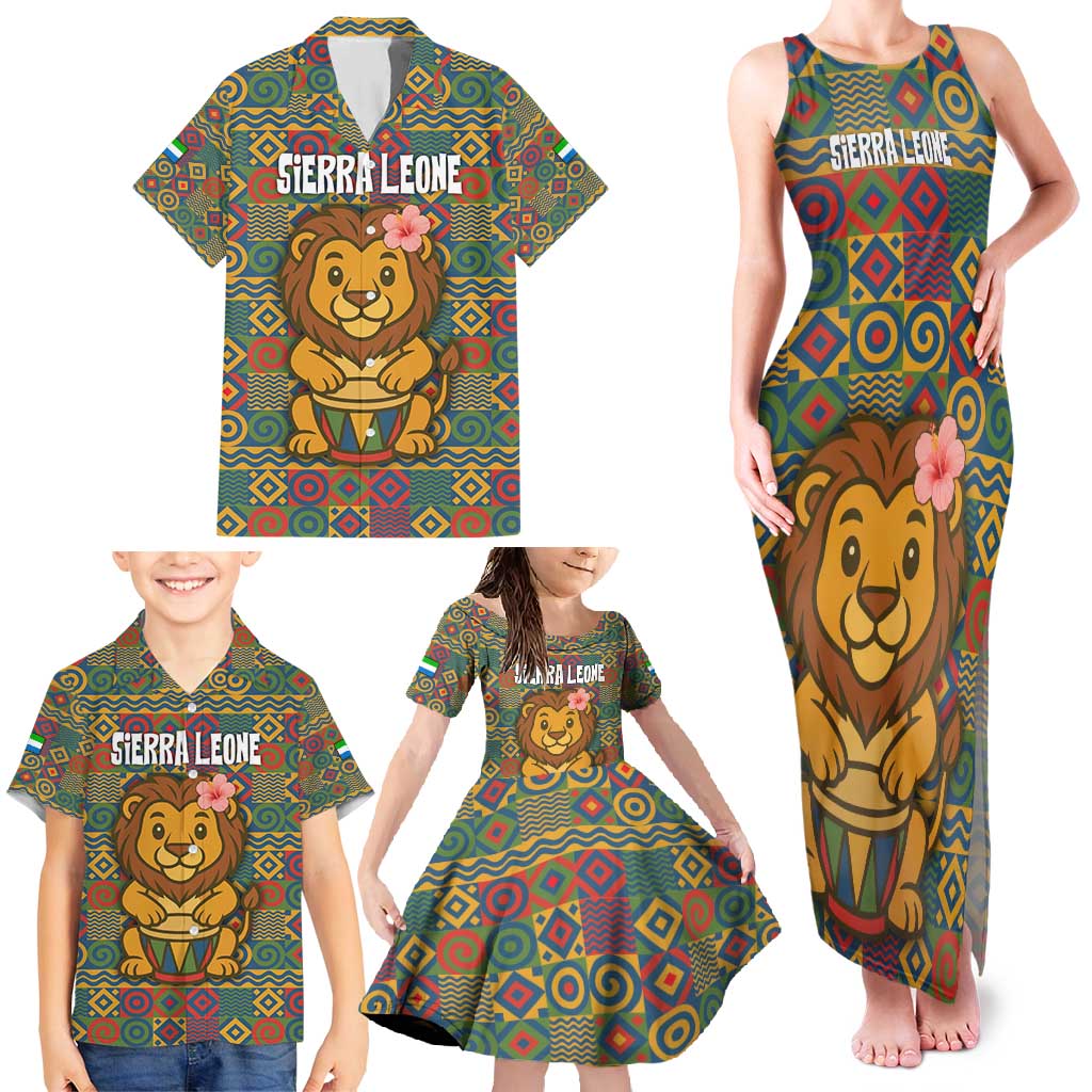 Sierra Leone Family Matching Tank Maxi Dress and Hawaiian Shirt with Cute Lion Playing Djembe Drum and Tribal Pattern Design