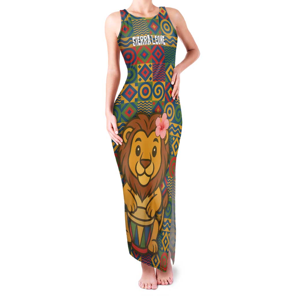 Sierra Leone Family Matching Tank Maxi Dress and Hawaiian Shirt with Cute Lion Playing Djembe Drum and Tribal Pattern Design