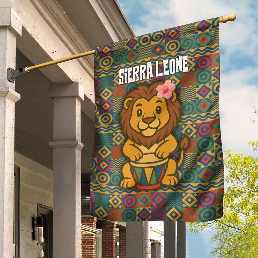 Sierra Leone Garden Flag with Cute Lion Playing Djembe Drum and Tribal Pattern Design