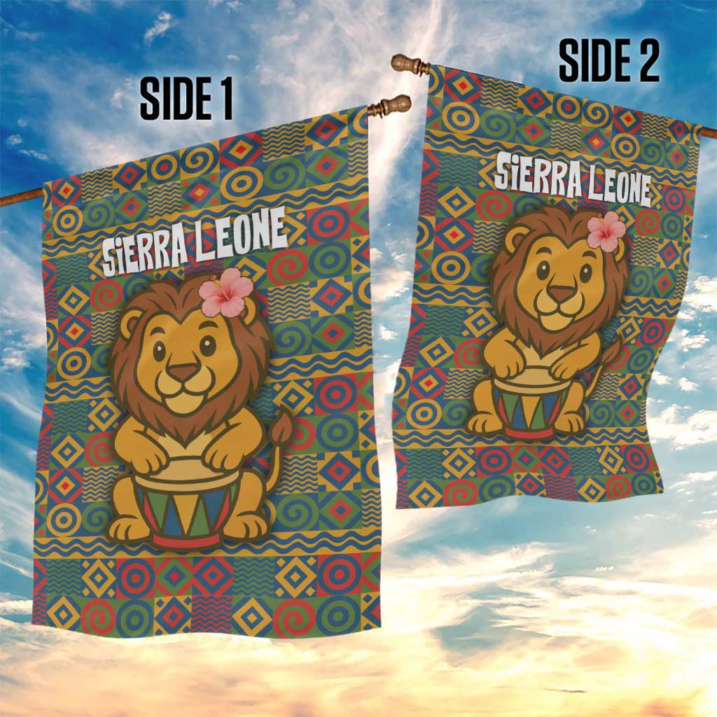 Sierra Leone Garden Flag with Cute Lion Playing Djembe Drum and Tribal Pattern Design