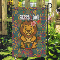 Sierra Leone Garden Flag with Cute Lion Playing Djembe Drum and Tribal Pattern Design