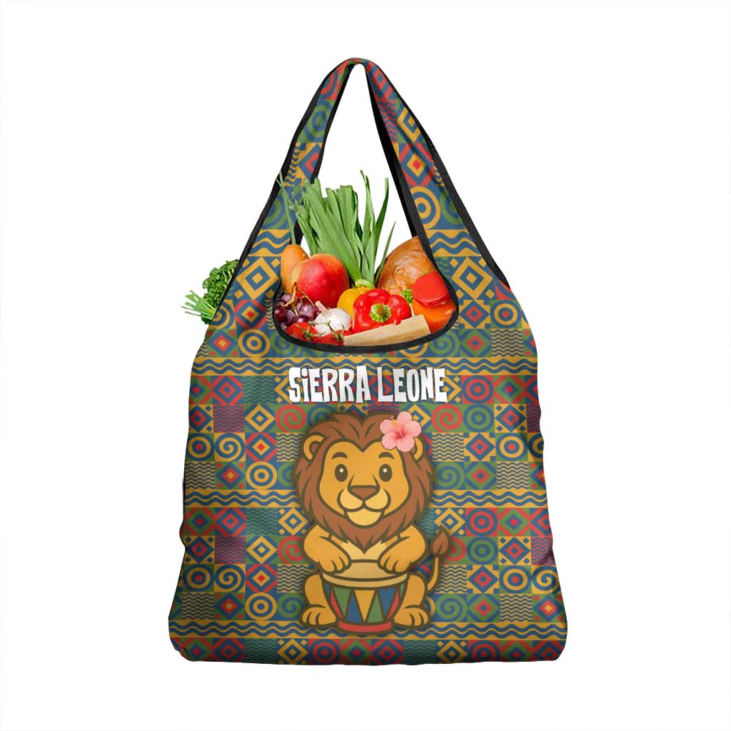 Sierra Leone Grocery Bag with Cute Lion Playing Djembe Drum and Tribal Pattern Design