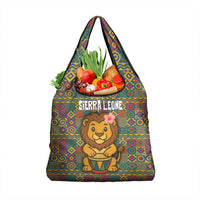 Sierra Leone Grocery Bag with Cute Lion Playing Djembe Drum and Tribal Pattern Design
